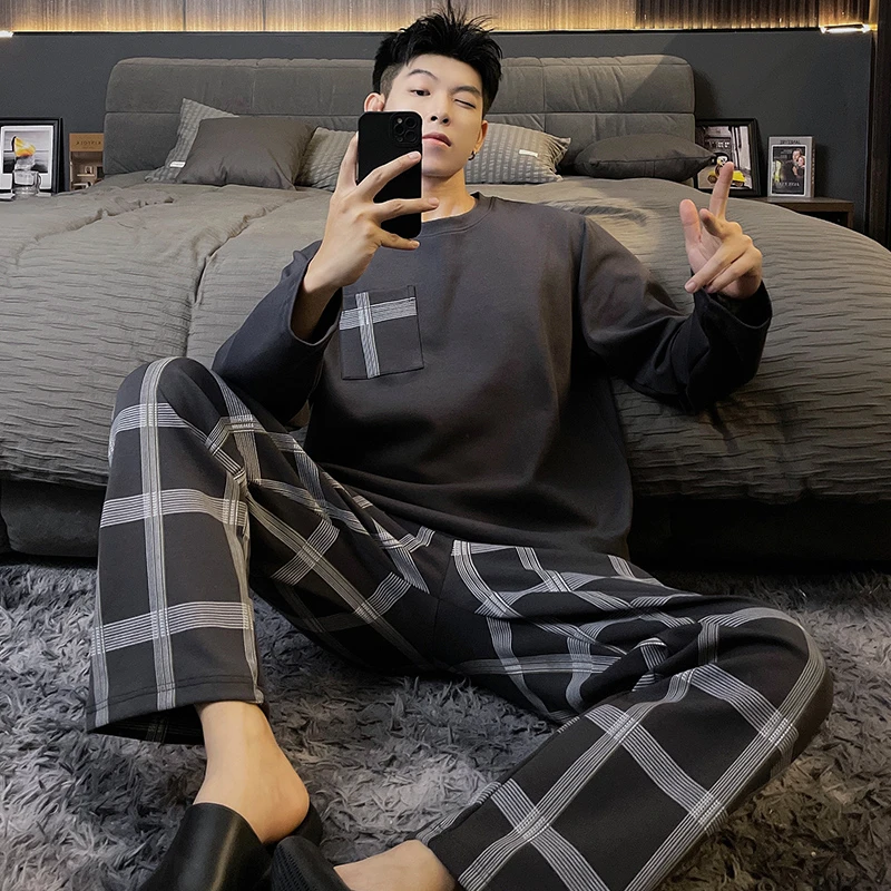 春秋冬季格子睡衣男士大码棉质简约长袖男款家居服休闲男青年套装