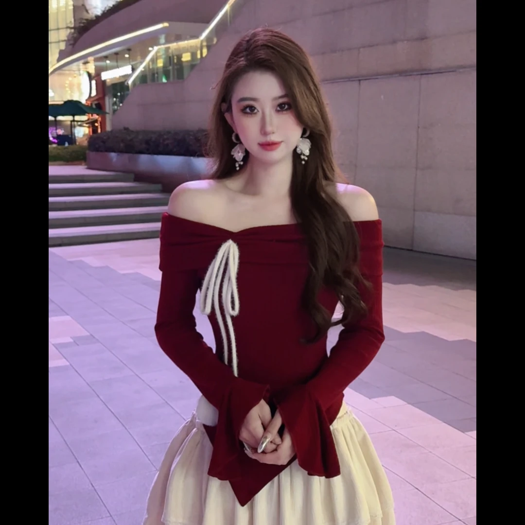 上衣长袖性感红色一字肩修身露肩设计感