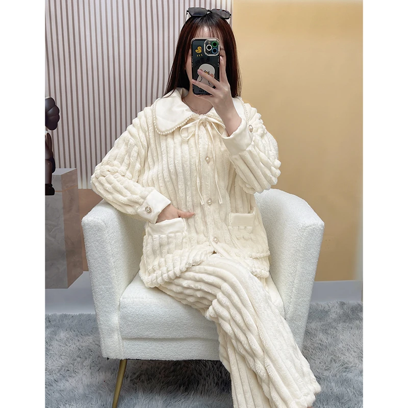 睡衣女秋冬季加厚加绒珊瑚绒保暖家居服套装开衫冬天家居服