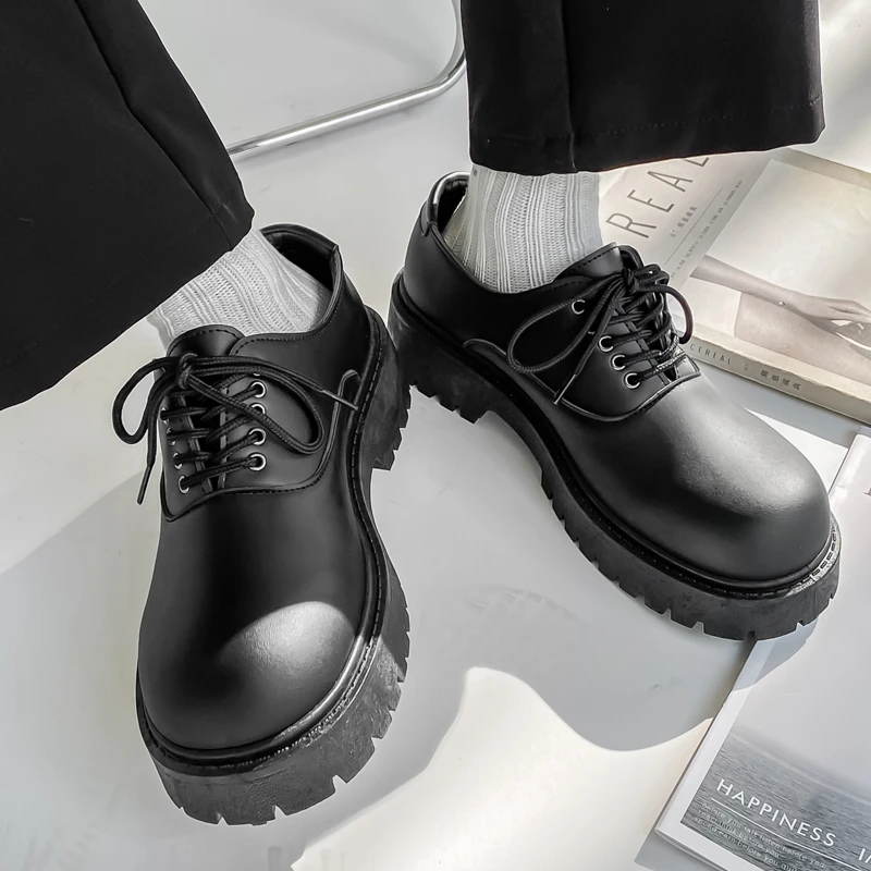皮鞋男款2024春季新款高颜值黑色厚底百搭帅气英伦休闲大头皮鞋