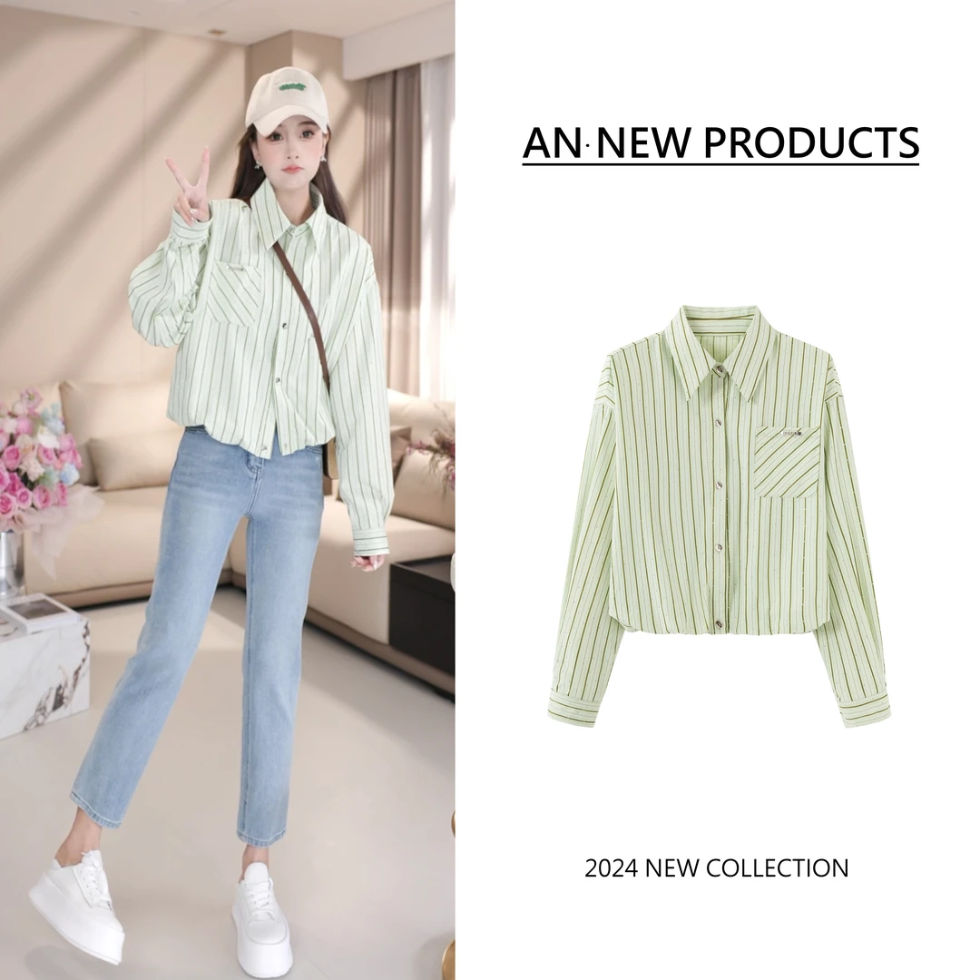 【绿妩清梦】B3037韩版设计感衬衣烫钻糖果色系贴标条纹衬衫