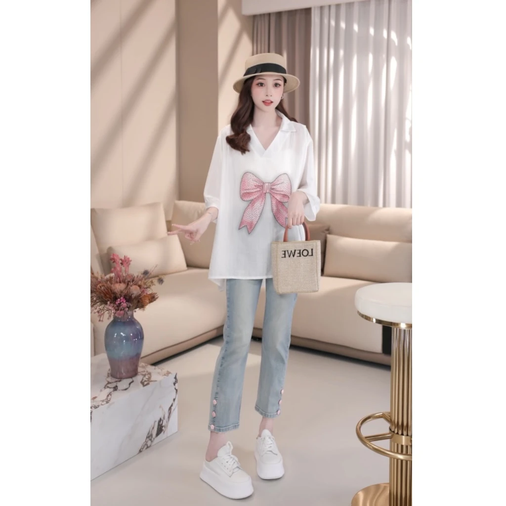 【安南AN】B6001夏季新款小众设计POLO领宽松减龄蝴蝶结T恤