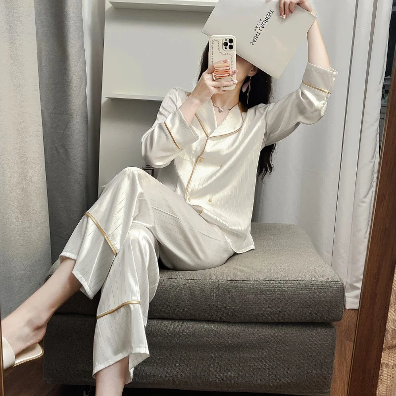 维多利亚仿真丝白色高级感睡衣女士冰丝家居服套装礼盒2023年新款