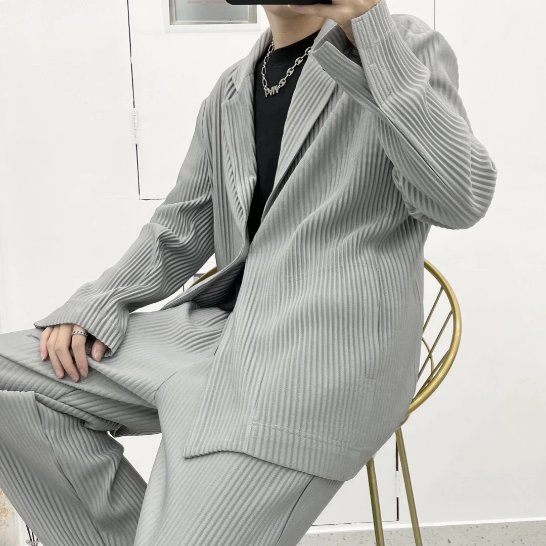 褶皱西装潮流男春秋季痞帅宽松潮牌休闲雅痞西服简约垂坠感两件套