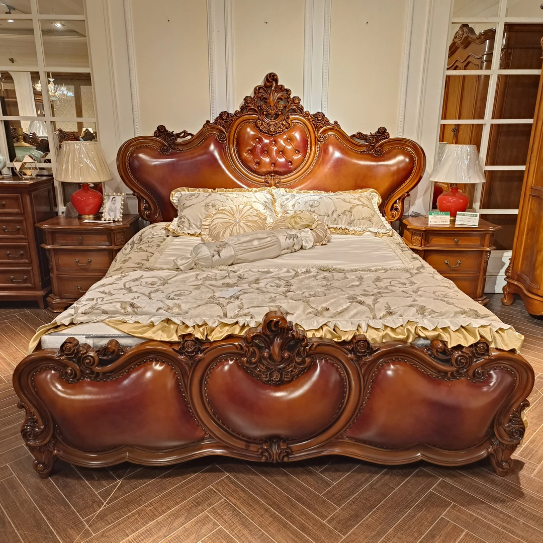 YM140美式头层牛皮大床 别墅雕花主卧双人床2280（床头）*2250*1700