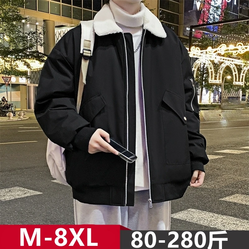 大码薄棉服男秋冬加肥加大翻领夹克外套200斤潮流宽松潮胖人男装8