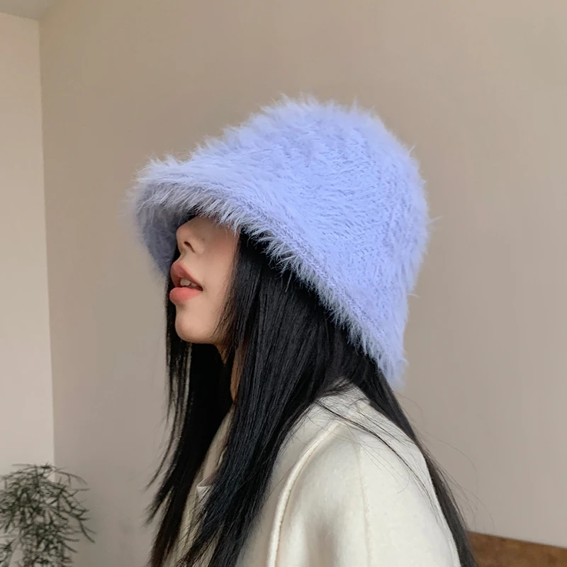 毛线帽复古百搭遮脸毛绒水桶帽女韩版秋冬保暖渔夫盆帽ins大头围