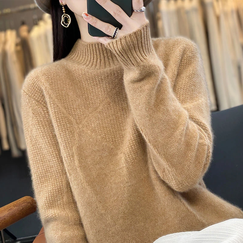 2024新款秋冬高领针织衫宽松针织毛衣套头加厚打底上衣