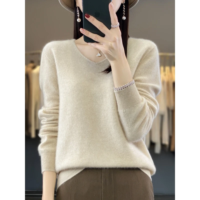 【爆款推荐】一线成衣100%纯羊毛衫女V领套头宽松毛衣纯色针织打底