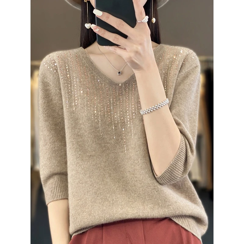 一线成衣100%纯羊毛衫女V领镶钻针织打底衫纯色百搭宽松羊绒毛衣