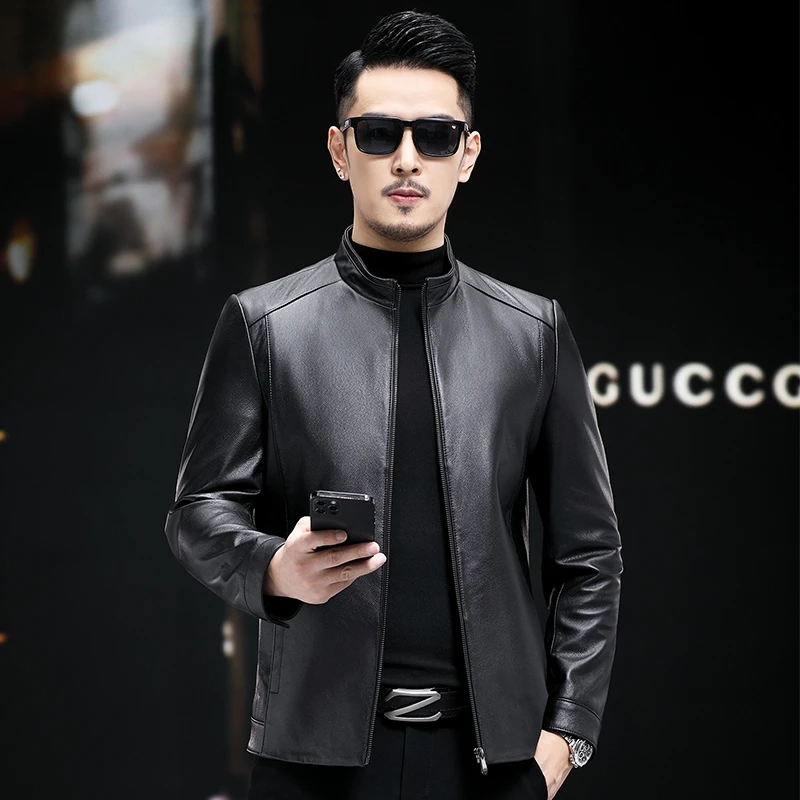 男士真皮小牛皮立领夹克上班休闲商务黑色真皮夹克外套皮衣男装