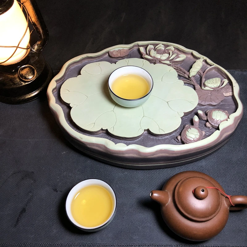 紫袍玉石茶盘家用石头储水式排水干泡茶台茶海托盘手工雕刻随形