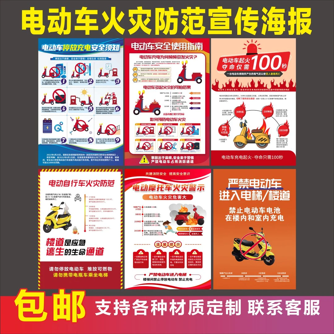 电动车防火安全海报贴消防墙贴预防电动车火灾标语充电车位提示牌
