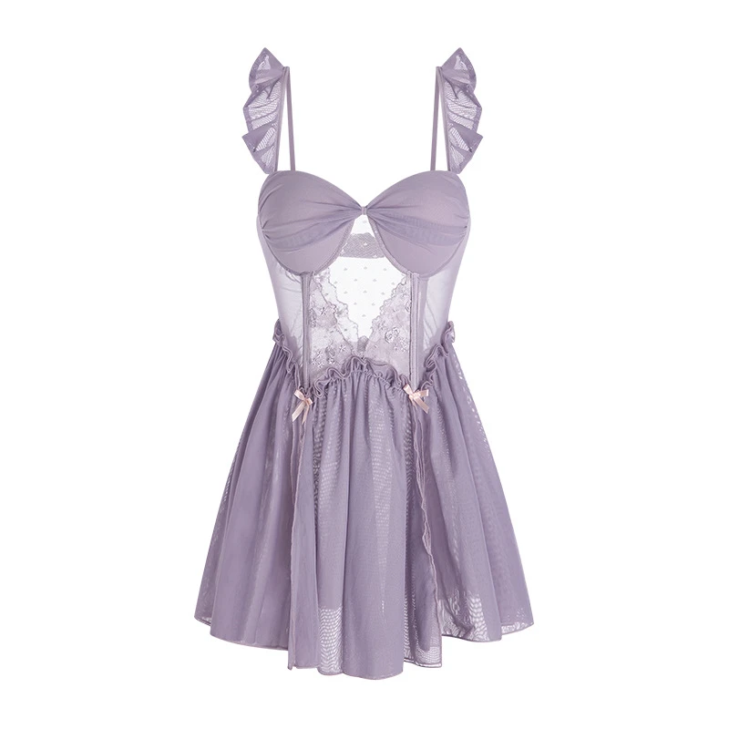 内衣性感深V聚拢加胸垫镂空网纱睡裙外袍女套装P3455