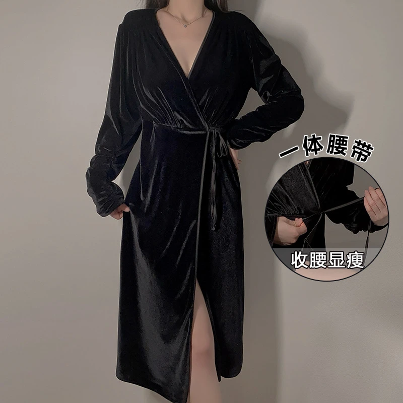 秋冬新款丝绒内衣性感长款系带女外袍时尚褶皱袖口套装家居服睡袍