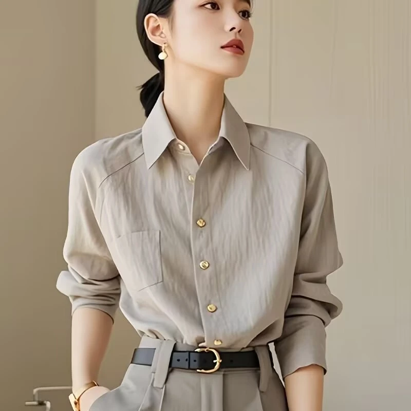 灰色长袖薄款衬衫女2025新爆款春秋穿搭高级感轻奢高级感洋气上衣