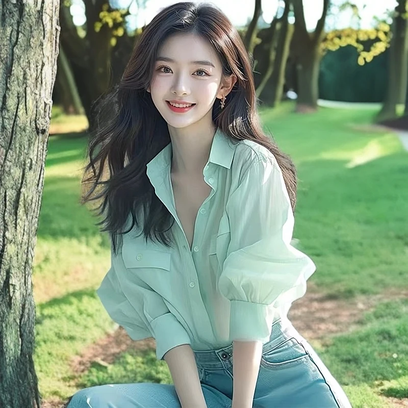 新款薄荷绿色泡泡袖衬衣长袖女装衬衫洋气小众高级感不撞款上衣夏
