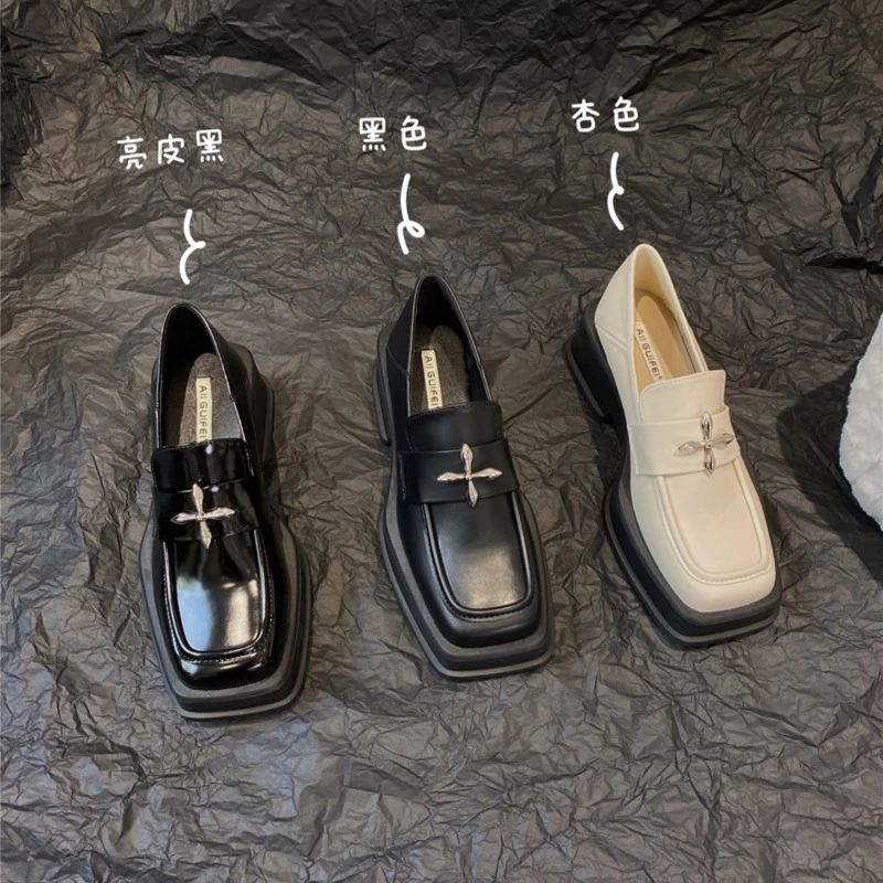 黑色厚底5cm真皮气质百搭英伦风小皮鞋增高粗跟方头乐福鞋单鞋女