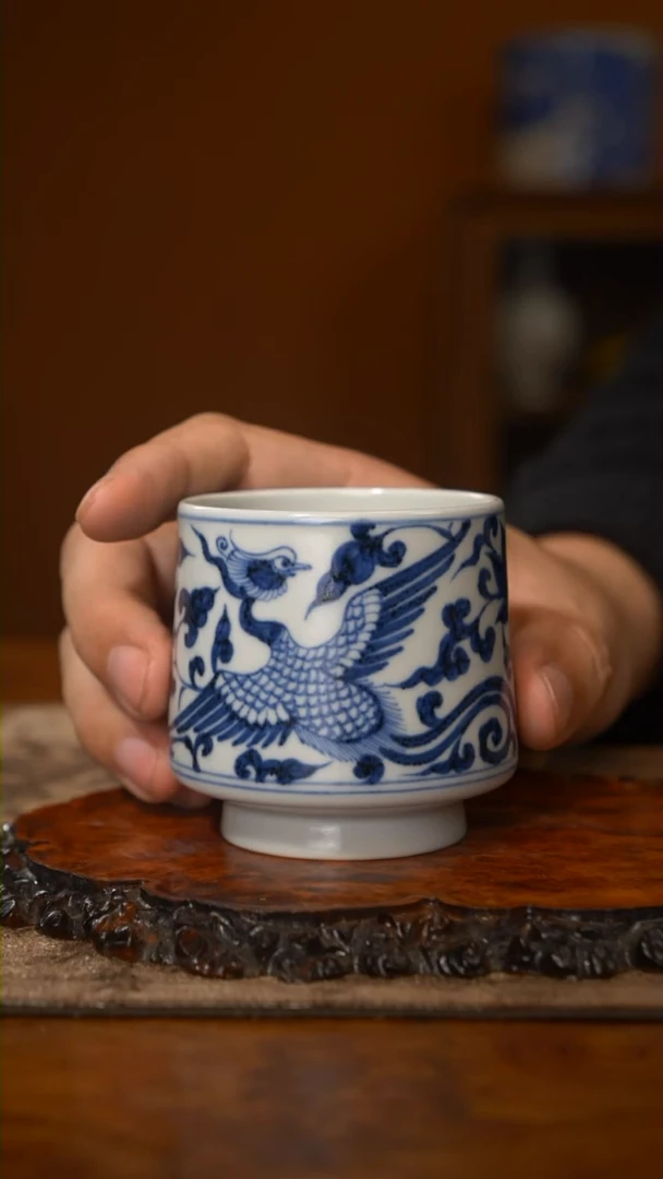 【闪购商品】瓷杯古蓝堂 青花双凤直口杯