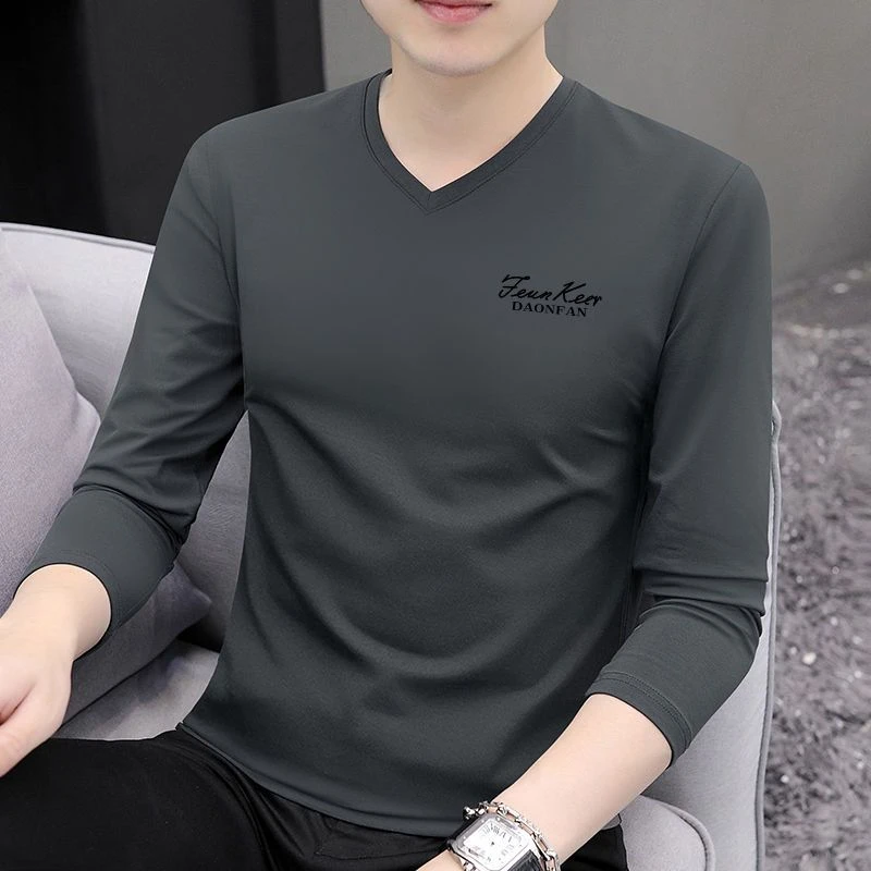 男士鸡心V领长袖T恤2025秋装薄款打底衫休闲潮流印花男装上衣体恤