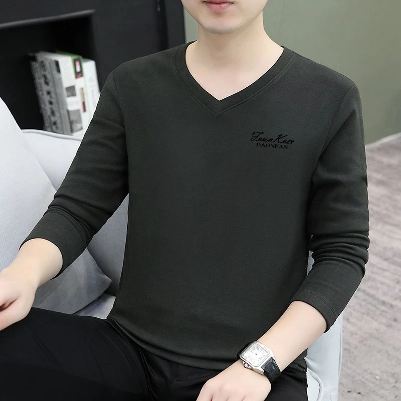 2025秋冬季男士长袖上衣百搭印花秋衣修身T恤休闲简约打底衫男装