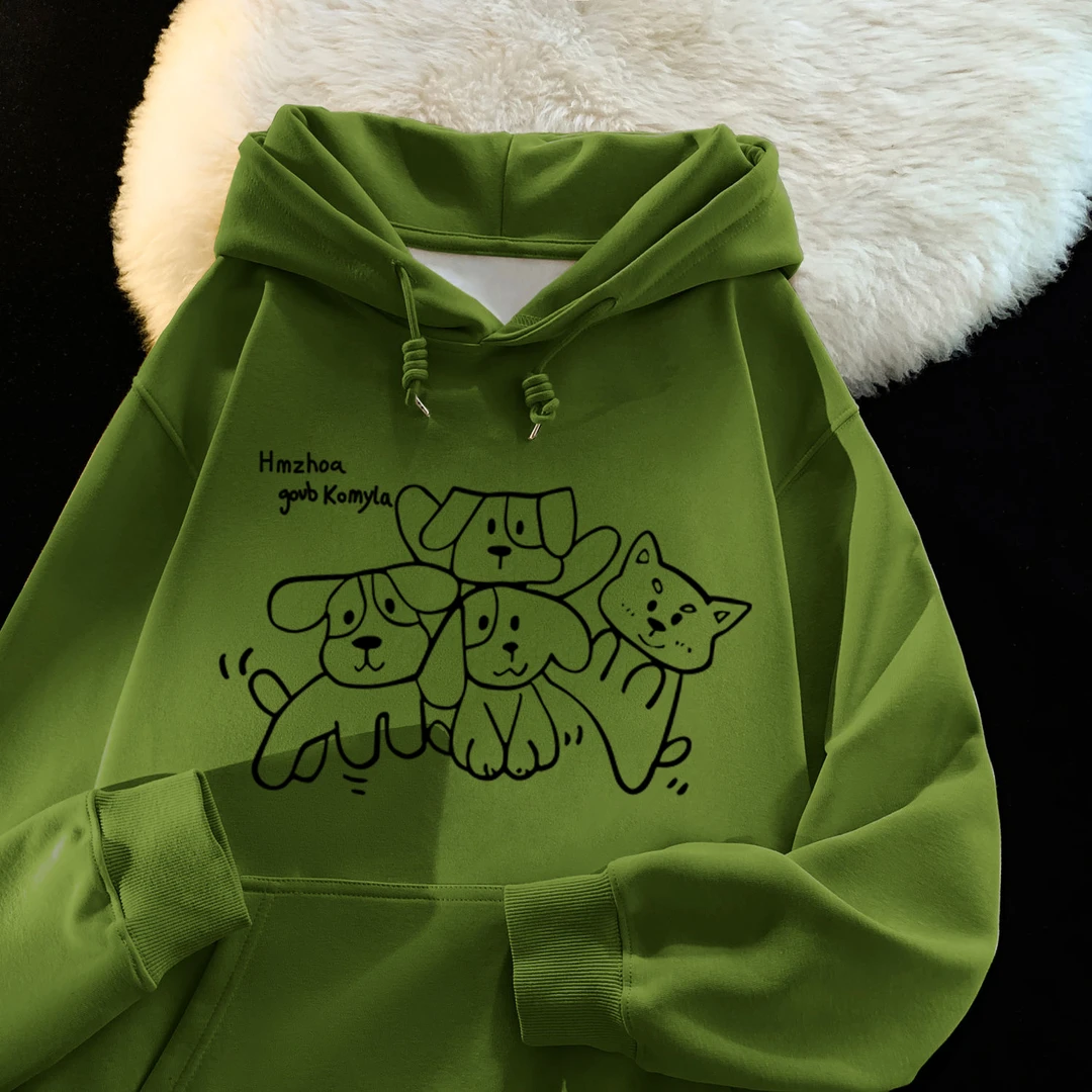 美式趣味小狗印花军绿色2024秋冬款设计感连帽高级感慵懒潮牌卫衣