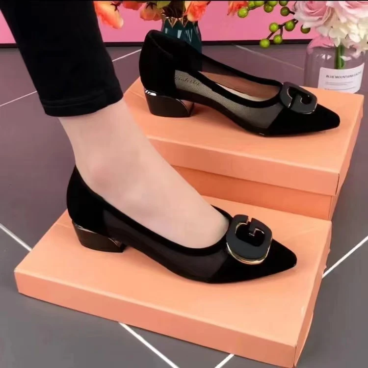 春夏新款妈妈单鞋2024网红爆款时尚网纱G扣单鞋女尖头粗跟不累脚