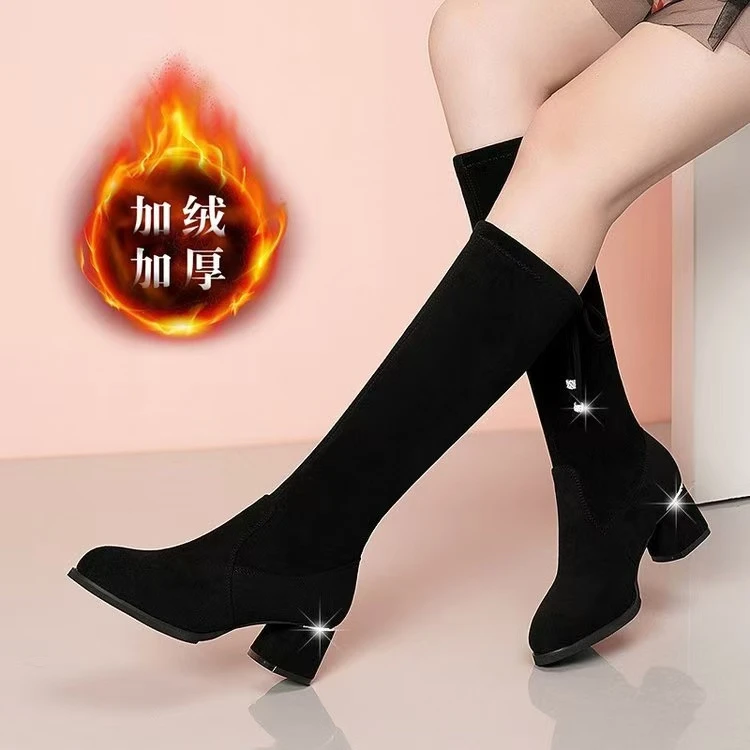 2024秋冬新款加绒长筒靴女中筒不过膝高跟小个子显瘦百搭靴子