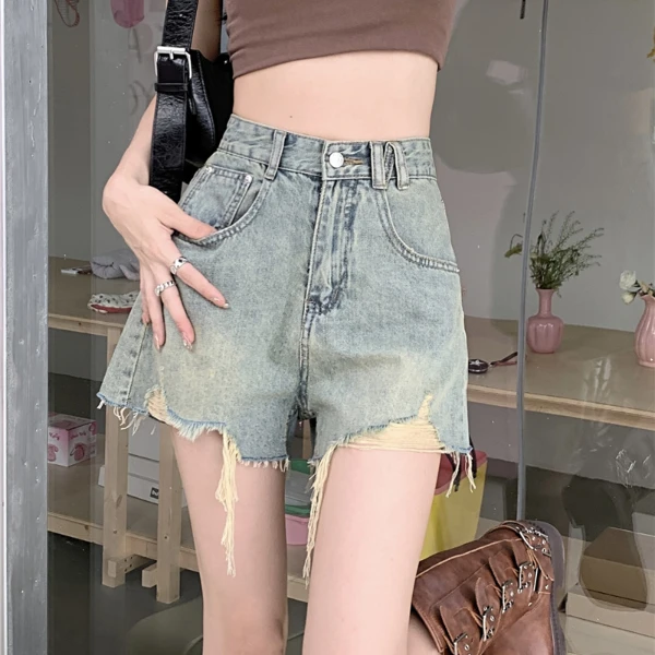 复古辣妹风牛仔短裤女2024夏季新款做旧破洞高腰显瘦A字阔腿热裤