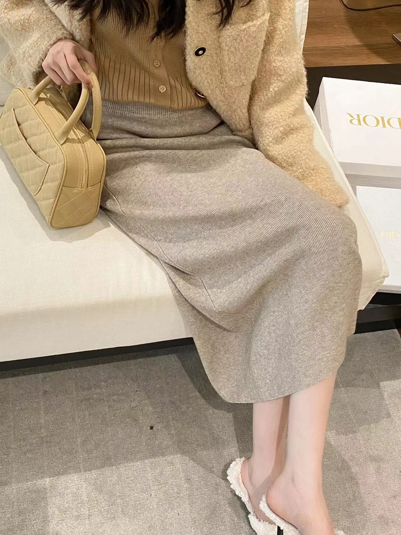 过膝小个子包臀半身裙女2023秋冬高腰宽松一步裙直筒中长款针织裙