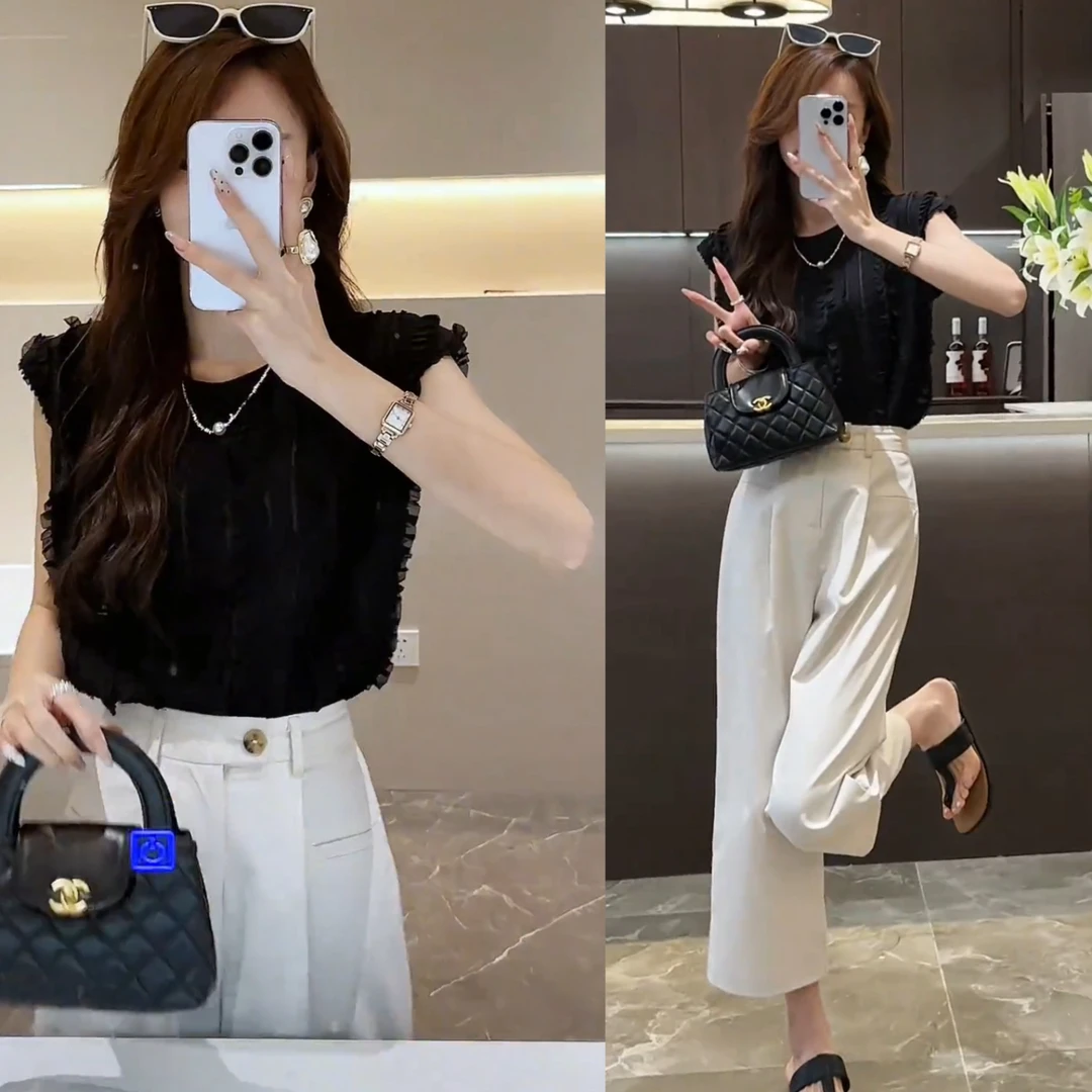 2024夏季新款圆领纯色坎肩木耳边圆领上衣+显瘦松紧腰休闲阔腿裤