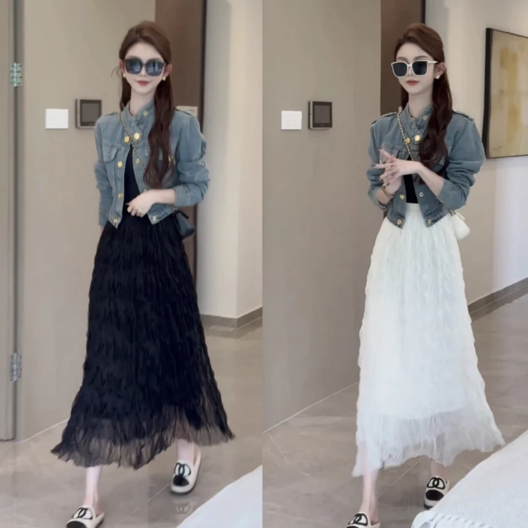 6126美式复古个性金扣短款牛仔外套+波浪卷网纱裙高腰显瘦半身裙