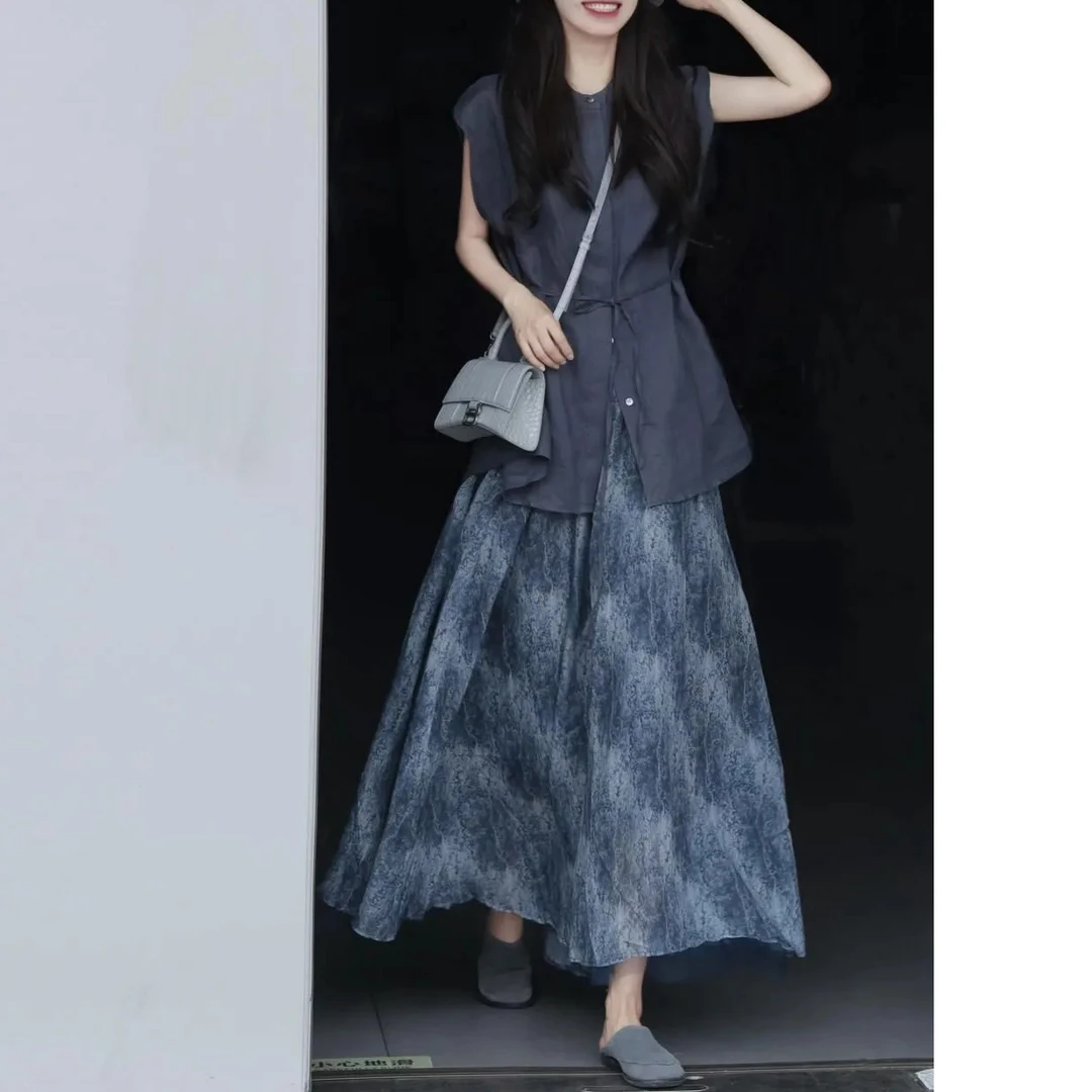 7951漂亮套装裙复古系带显瘦衬衫上衣高腰半身裙女夏一整套