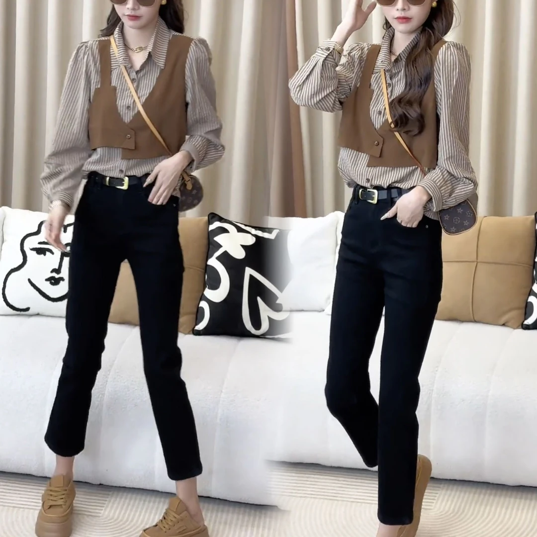 9938秋季新款假两件条纹衬衫时尚韩版上衣+九分显瘦直筒烟管裤
