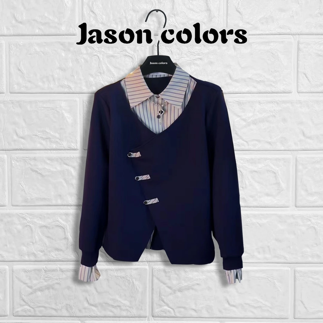 【Jason colors】高级感设计师款假两件拼接不规则翻领长袖卫衣宽松