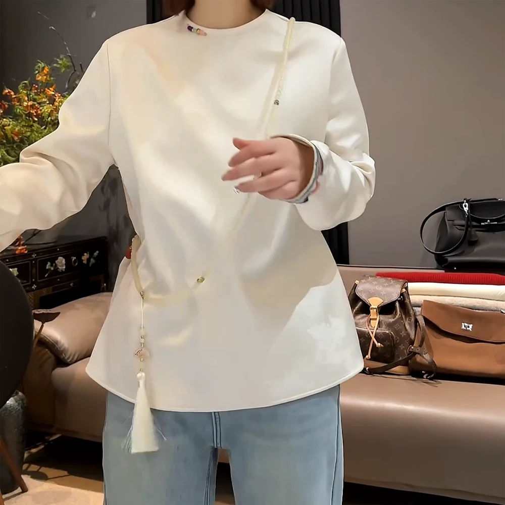 【Jason colors】新中式重工设计感领口百搭刺绣上衣加绒T恤打底衫