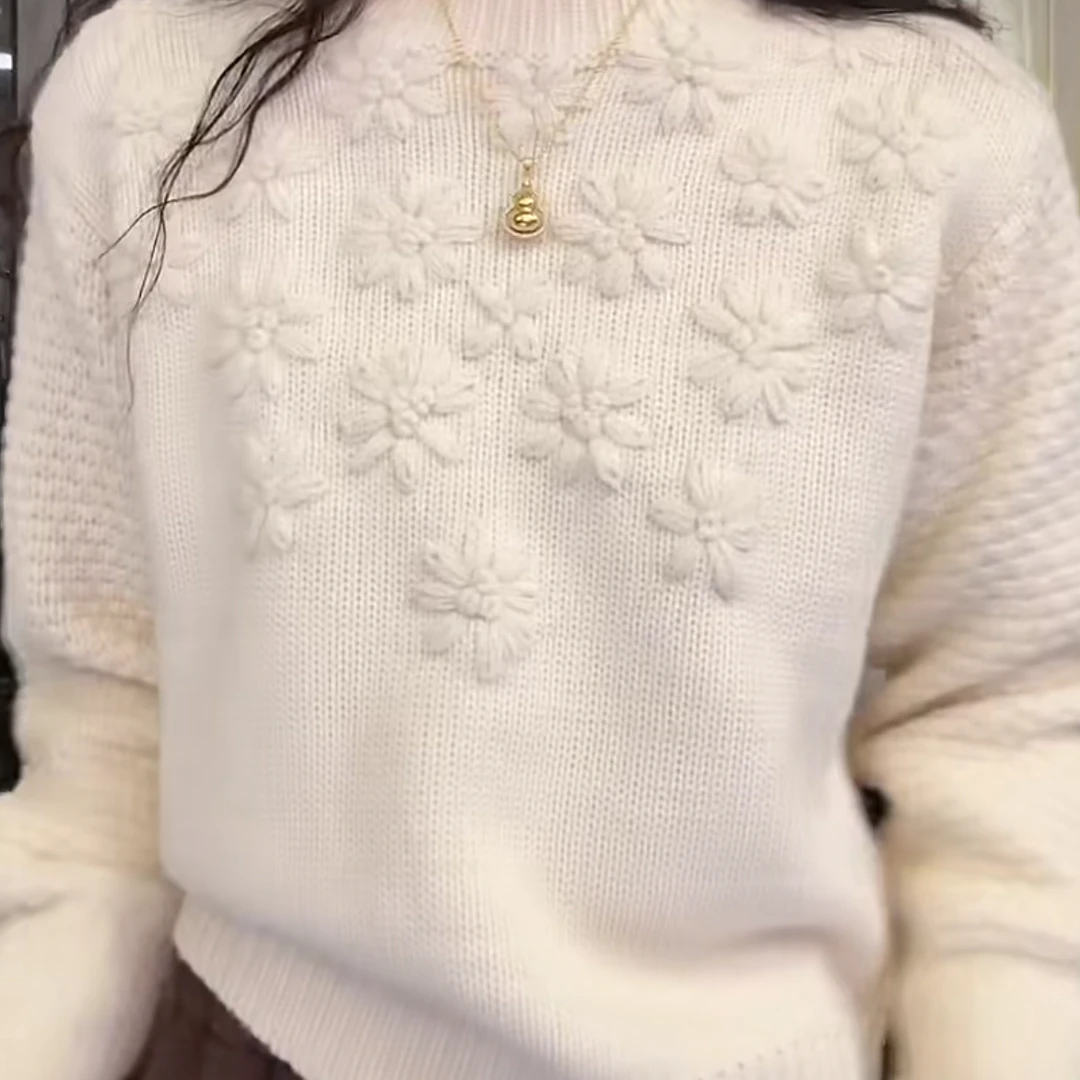 【Jason colors】秋冬新款钩花长袖立体毛衣针织上衣女