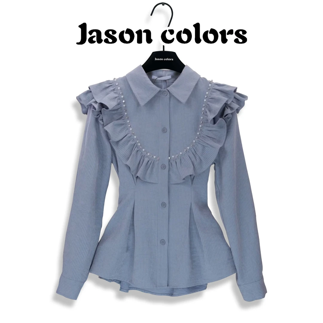 【Jason colors】2024新款荷叶边拼接收腰上衣轻奢高级条纹长袖衬衫