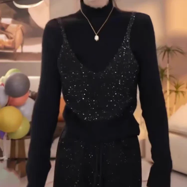 秋冬新款高领假两件亮闪闪毛衣长袖气质网红显瘦百搭针织上衣女