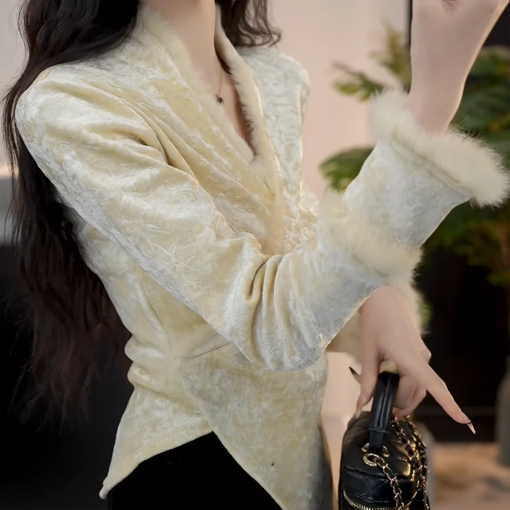 【Jason colors】新中式浮雕丝绒加绒显瘦毛毛衬衫女长袖上衣高级感