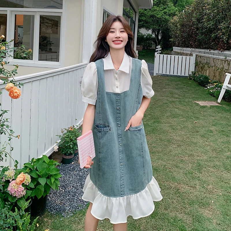 实拍假两件衬衣拼接牛仔连衣裙2024新款韩版木耳边假两件中长裙