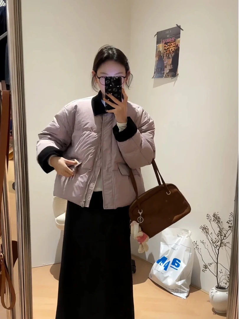 2024新冬季保暖羽绒服小翻领小个子设计感撞色韩版宽松外套