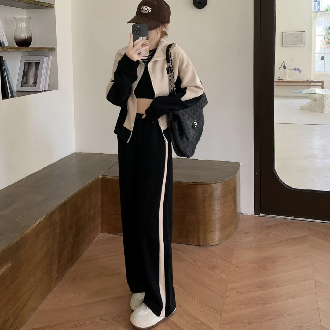 2381秋冬加绒拼色潮流套装女休闲百搭卫衣阔腿裤运动宽松显瘦