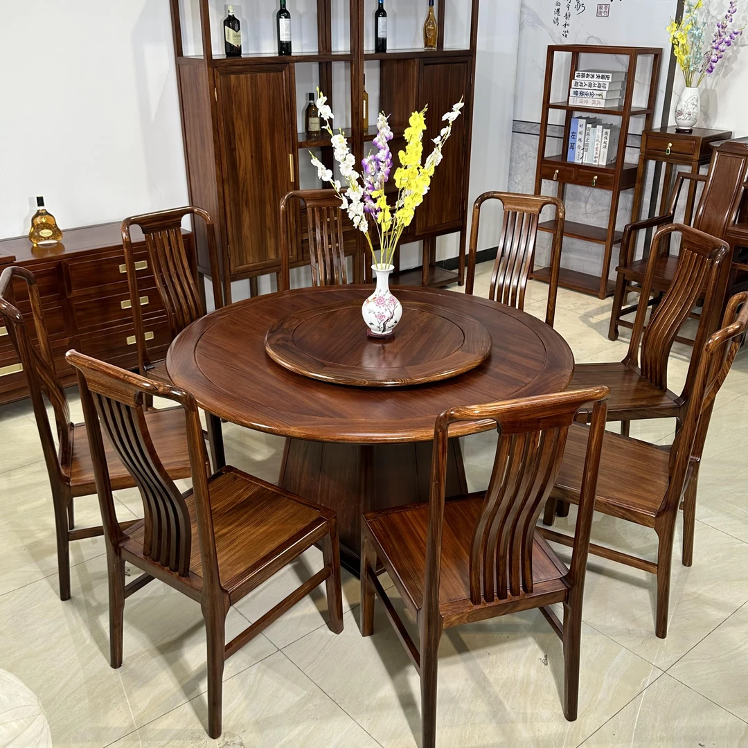 新中式全实木餐桌家用乌金木圆餐桌饭店包厢圆形饭桌组合桌子