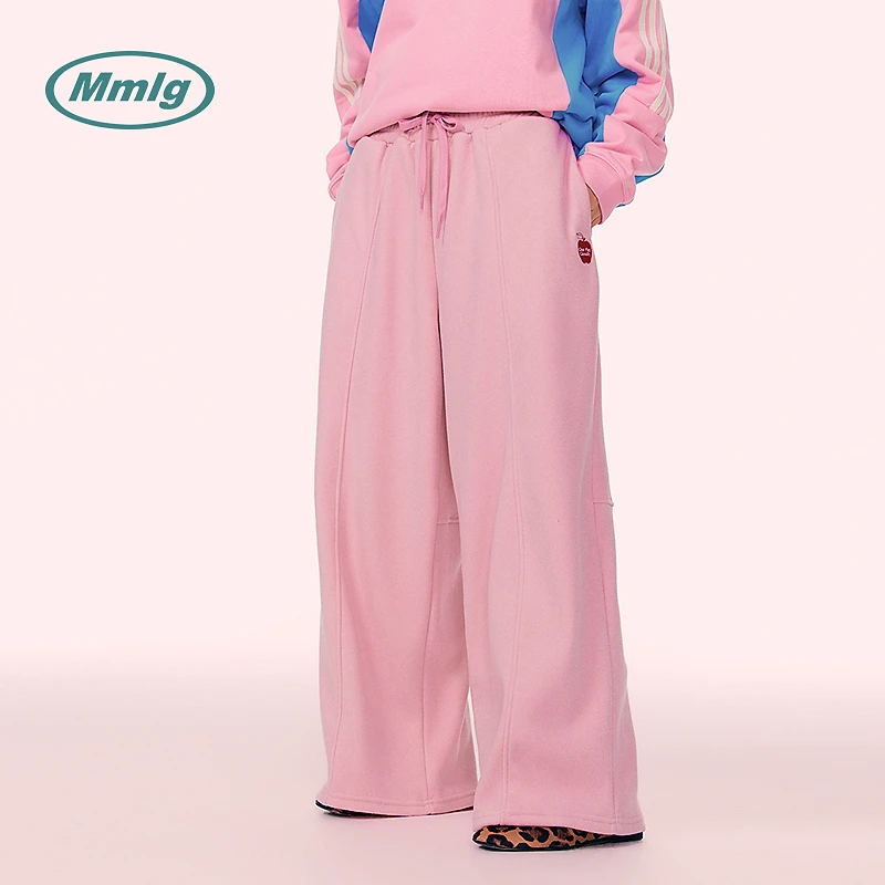 Mmlg2025年冬纯色休闲卫裤苹果图案创意刺绣裤子情侣同款EQR007