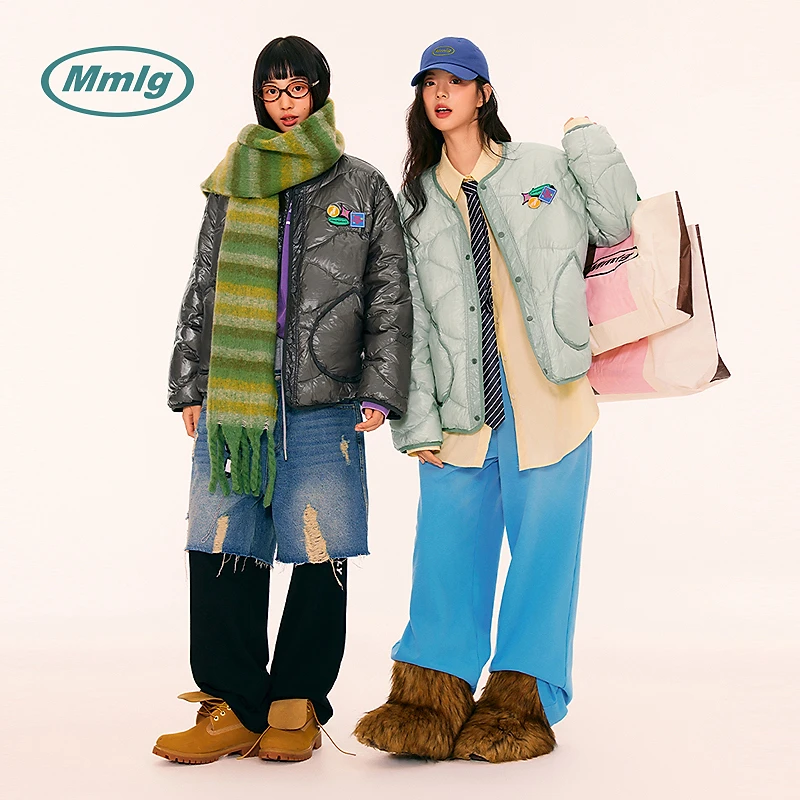Mmlg2025年冬短款无领轻薄白鸭绒羽绒服胸口定制魔术贴情侣EQY009
