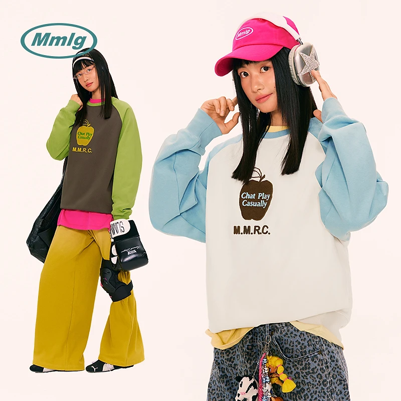 Mmlg秋季撞色拼接插肩袖圆领卫衣自发热保暖百搭减龄情侣款EQA015