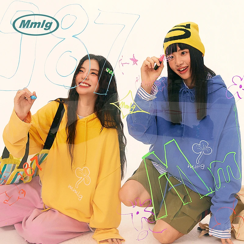 Mmlg情人节情侣款纯棉洗水连帽卫衣时尚抽绳设计可调节设计EQA027