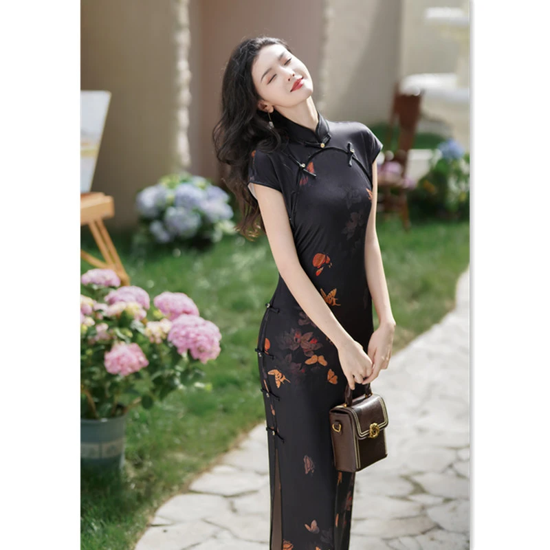 苏杭改良新中式长款短袖旗袍2024秋新款复古国风针织修身日常旗袍
