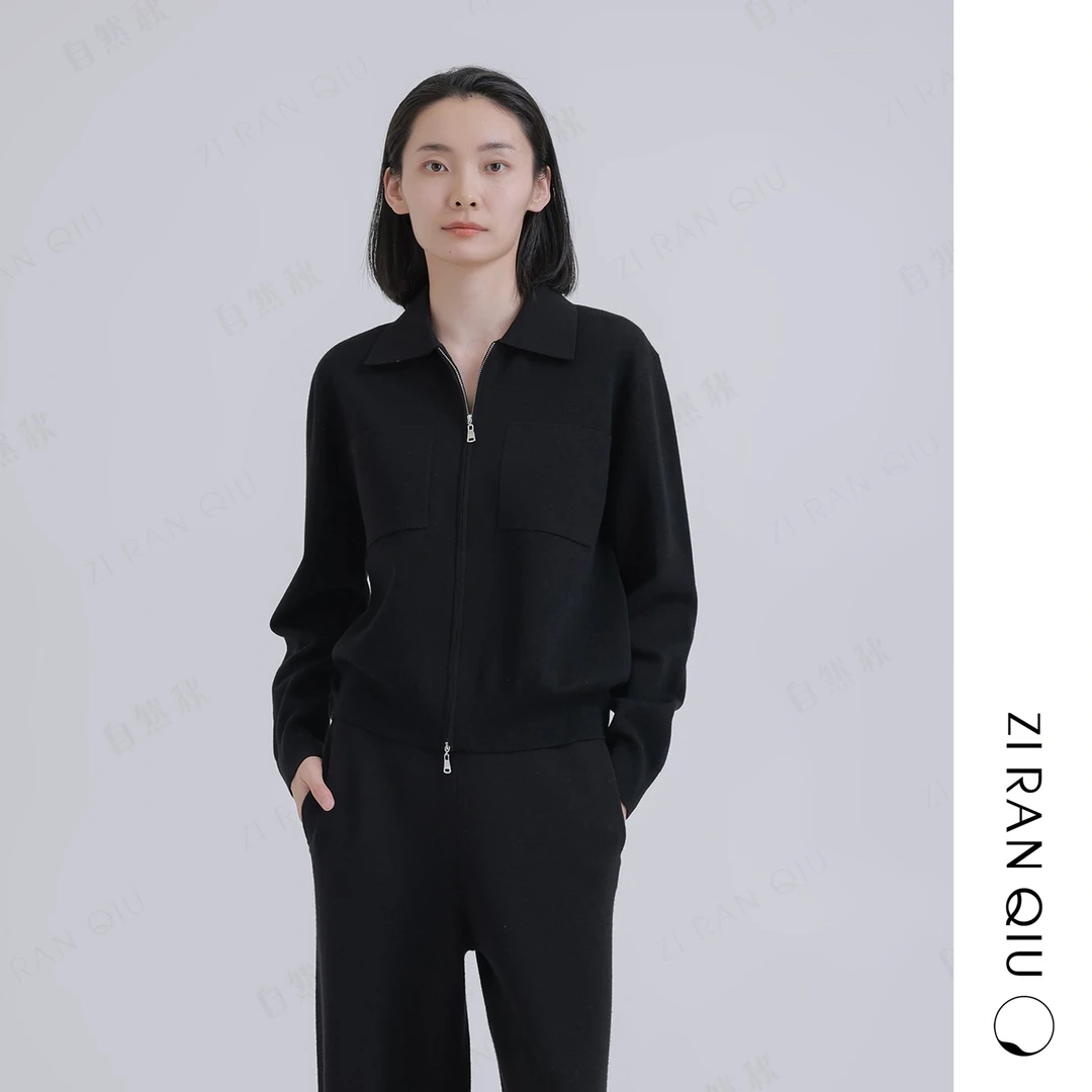 【自然秋】雾影 极细美丽诺休闲气质翻领拉链款针织长袖开衫